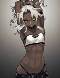 Rule 34 | 1girl, abs, absurdres, alternate hair color, amrkdrw, arm belt, armpits, arms up, belt, black scrunchie, chromatic aberration, dark, dark-skinned female, dark persona, dark skin, fate/grand order, fate (series), flat chest, gradient background, groin, highres, midriff, mordred (fate), mordred (fate/apocrypha), mordred (memories at trifas) (fate), navel, parted lips, scrunchie, smile, solo, strapless, toned, tube top, white tube top, yellow eyes