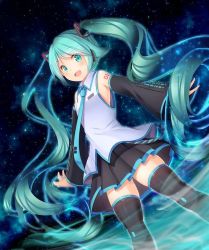 Rule 34 | 1girl, :d, aqua eyes, aqua hair, arms at sides, bare shoulders, black skirt, black thighhighs, blue necktie, blush, collared shirt, detached sleeves, hatsune miku, headset, long hair, long sleeves, looking at viewer, necktie, night, night sky, oimo (imoyoukan), open mouth, outstretched arms, shirt, skirt, sky, sleeveless, sleeveless shirt, smile, solo, spread arms, star (sky), starry sky, thighhighs, twintails, very long hair, vocaloid, white shirt, wide sleeves