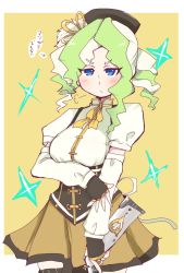Rule 34 | 1girl, black headwear, blue eyes, blush, border, breasts, cosplay, cowboy shot, detached sleeves, diana cavendish, fingerless gloves, gloves, hys-d, light green hair, little witch academia, looking at viewer, mahou shoujo madoka magica, mahou shoujo madoka magica (anime), medium breasts, multicolored hair, puffy short sleeves, puffy sleeves, shirt, short sleeves, solo, thighhighs, tomoe mami, tomoe mami (cosplay), translation request, two-tone hair, white border, white shirt, yellow background, zettai ryouiki