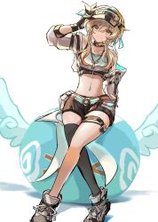 Rule 34 | 1girl, bare shoulders, black thighhighs, blonde hair, closed mouth, collarbone, crop top, cropped jacket, genshin impact, gloves, hair between eyes, highres, jacket, lumine (genshin impact), navel, official alternate costume, open clothes, open jacket, shoes, short hair with long locks, shorts, single thighhigh, situki, slime (genshin impact), smile, thigh strap, thighhighs, visor cap, whistle, whistle around neck, yellow eyes