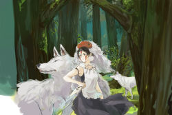Rule 34 | 1girl, animal, bare arms, breasts, brown hair, commentary request, dress, earrings, facepaint, facial mark, fur, headband, jewelry, knife, mask, mononoke hime, necklace, san (mononoke hime), short hair, tooth necklace, wolf