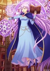 Rule 34 | 1girl, absurdly long hair, absurdres, blue cape, blue cloak, blue dress, blue footwear, book, bookshelf, breasts, cape, casting spell, cloak, commission, commissioner upload, dress, female focus, fire emblem, fire emblem: the binding blade, floating, flying, full body, high heels, highres, jewelry, kanji, kimichan, library, long dress, long hair, long sleeves, magic, magic circle, medium breasts, nintendo, open book, open mouth, purple eyes, purple hair, serious, signature, solo, sophia (fire emblem), sparkle, very long hair