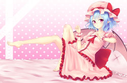 Rule 34 | 1girl, ascot, bare legs, barefoot, bat wings, bed, blouse, blue hair, bow, collared shirt, dress, feet, frilled dress, frilled shirt, frilled skirt, frilled sleeves, frills, gradient background, hat, hat bow, highres, index finger raised, junior27016, lace background, large bow, leaning back, leg up, light purple hair, looking at viewer, lying, mob cap, open mouth, pillow, pink background, pink dress, pink shirt, pink skirt, pointy ears, polka dot, polka dot background, puffy sleeves, purple eyes, reclining, red bow, red eyes, red ribbon, remilia scarlet, ribbon, shirt, short sleeves, skirt, skirt set, solo, touhou, wings, wrist cuffs