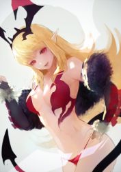 Rule 34 | 1girl, bare shoulders, bikini, blonde hair, breasts, demon tail, elbow gloves, gloves, head wings, lord of vermilion iii, milia (lord of vermilion), navel, nido celisius, pointy ears, red eyes, solo, swimsuit, tail, wings