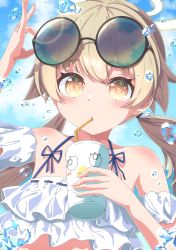 Rule 34 | 1girl, absurdres, adjusting eyewear, arm garter, bare shoulders, bikini, blue archive, blush, brown hair, cloud, cup, day, disposable cup, drinking, drinking straw, eyewear on head, frilled hairband, frills, hairband, halterneck, hand up, haru haruru515, hifumi (blue archive), hifumi (swimsuit) (blue archive), highres, holding, holding cup, long hair, looking at viewer, low twintails, outdoors, peroro (blue archive), reflection, ribbon-trimmed bikini, round eyewear, solo, sunglasses, swimsuit, twintails, upper body, water drop, white bikini, yellow eyes