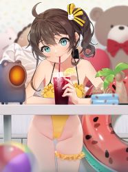 Rule 34 | 1girl, agnamore, ahoge, bare arms, bare shoulders, blurry, blurry background, bridal garter, brown hair, cat hair ornament, closed mouth, collarbone, commentary request, cup, depth of field, drinking glass, drinking straw, frilled swimsuit, frills, green eyes, groin, hair between eyes, hair ornament, head tilt, highleg, highleg swimsuit, highres, holding, holding cup, hololive, ice, ice cube, long hair, natsuiro matsuri, one-piece swimsuit, palm tree, side ponytail, smile, solo, stuffed animal, stuffed toy, swimsuit, table, teddy bear, tree, virtual youtuber, yellow one-piece swimsuit