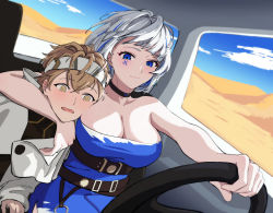 1boy 1girl age_difference alchemy_stars azure_(alchemy_stars) bare_arms blue_dress blue_eyes blue_hair blush breasts brown_hair car car_interior cleavage dress driving facial_mark large_breasts motor_vehicle multicolored_hair navigator_(alchemy_stars) short_hair smile steering_wheel white_hair yellow_eyes