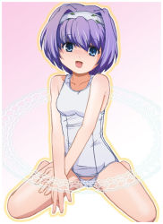 Rule 34 | 1girl, barefoot, blue eyes, blush, breasts, collarbone, exelica, eye contact, gradient background, hairband, looking at another, looking at viewer, magic circle, one-piece swimsuit, open mouth, pink background, purple hair, ryuu ryuu, school swimsuit, short hair, small breasts, smile, solo, swimsuit, trigger heart exelica, white one-piece swimsuit, white school swimsuit