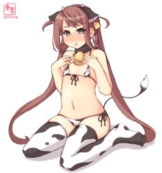 Rule 34 | 1girl, alternate costume, animal ears, animal print, artist logo, asagumo (kancolle), bikini, brown hair, commentary request, covered erect nipples, cow ears, cow horns, cow print, cow tail, dated, ear tag, fake animal ears, fake horns, front-tie top, full body, grey eyes, highres, horns, kanon (kurogane knights), kantai collection, long hair, micro bikini, one-hour drawing challenge, side-tie bikini bottom, simple background, sitting, solo, swimsuit, tail, thighhighs, twintails, wariza, white background, white bikini, white thighhighs