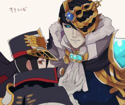Rule 34 | 1boy, 1girl, black coat, black sclera, blue eyes, brown eyes, brown hair, closed mouth, coat, colored sclera, dagas (xenoblade), gloves, hat, long sleeves, looking at viewer, looking back, military, military hat, military uniform, morag ladair (xenoblade), rem (eyes 410), simple background, smile, uniform, upper body, white background, white gloves, xenoblade chronicles (series), xenoblade chronicles 2
