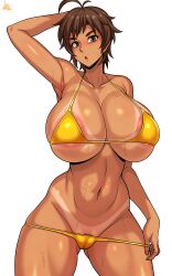 Rule 34 | 1girl, absurdres, amaha masane, areola slip, armpits, arms behind head, arms up, bikini, bikini pull, blush, breasts, brown eyes, brown hair, cameltoe, cleft of venus, clothes pull, covered erect nipples, curvy, dark skin, game cg, highres, huge breasts, jmg, large areolae, legs apart, looking at viewer, micro bikini, navel, nipples, pubic hair, pubic hair peek, shiny skin, short hair, signature, solo, standing, sweat, swimsuit, tan, thighs, thong, thong bikini, transparent background, wet, wide hips, witchblade, yellow bikini