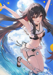 1girl :d absurdres armpits arms_up beach bikini black_bikini black_footwear black_hair breasts colored_tips commentary_request floating_hair flower-shaped_pupils frilled_bikini frills genshin_impact gradient_hair hair_between_eyes highres hu_tao_(genshin_impact) jumping long_hair looking_at_viewer multicolored_hair open_mouth outstretched_arms red_eyes red_hair shoes small_breasts smile solo splashing swimsuit symbol-shaped_pupils teeth thigh_strap thighs twintails upper_teeth_only very_long_hair water yi_(saver5607)