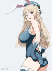 Rule 34 | 10s, 1girl, animal ears, ass, atago (kancolle), bare shoulders, black eyes, blonde hair, breasts, fake animal ears, female focus, gloves, hat, highres, kantai collection, large breasts, leotard, long hair, looking at viewer, one-piece swimsuit, open mouth, playboy bunny, playboy bunny swimsuit, rabbit ears, rabbit tail, school swimsuit, shirakaba, simple background, sketch, solo, swimsuit, tail, thighhighs, twitter username