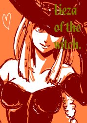 Rule 34 | 1girl, arc the lad, arc the lad ii, bare shoulders, braid, character name, elbow gloves, gloves, halloween, hat, heart, ike ko, lieza (arc the lad), long hair, monochrome, orange theme, skin tight, smile, solo, witch hat
