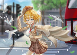 Rule 34 | 1girl, absurdres, bag, baguette, bird, blonde hair, blue eyes, blue sky, blurry, blurry background, bread, brown cape, brown jacket, brown skirt, bus, cape, city, collared shirt, crosswalk, double-decker bus, dove, dual persona, food, hair ornament, high-waist skirt, highres, hololive, hololive english, jacket, jagoo, necktie, open mouth, outdoors, paper bag, plaid, plaid skirt, red necktie, shirt, short hair, skirt, sky, smile, smol ame, solo, standing, teeth, traffic light, tree, upper teeth only, virtual youtuber, walfie (style), watson amelia, watson amelia (1st costume), white shirt