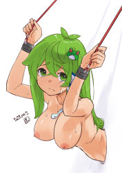 Rule 34 | 1girl, antenna hair, blush, bound, bound wrists, breasts, closed mouth, commentary request, crossed bangs, dated, frog hair ornament, green eyes, green hair, hair between eyes, hair ornament, kei jiei, kochiya sanae, large breasts, long hair, looking at viewer, medium bangs, nipples, nose blush, shiny skin, single hair tube, single sidelock, snake hair ornament, solo, sweat, through wall, touhou, upper body, wavy hair, white background