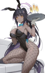 Rule 34 | 1girl, alcohol, animal ears, black hair, black leotard, blue archive, blue bow, blue bowtie, bow, bowtie, breasts, champagne flute, cleavage, couch, cup, dark-skinned female, dark skin, detached collar, drinking glass, fake animal ears, fake tail, fishnet pantyhose, fishnets, gloves, gradient hair, guihuo inferno, halo, highres, karin (blue archive), karin (bunny) (blue archive), kneeling, large breasts, leotard, long hair, looking at viewer, multicolored hair, official alternate costume, pantyhose, playboy bunny, purple hair, rabbit ears, rabbit tail, simple background, solo, tail, thighs, very long hair, white background, white gloves, yellow eyes
