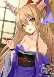 Rule 34 | 1girl, alternate costume, bare shoulders, blush, bow, breasts, brown hair, cleavage, collarbone, commentary request, cup, hair between eyes, hair bow, holding, horns, ibuki suika, japanese clothes, kimono, long hair, long sleeves, looking at viewer, obi, off shoulder, one-hour drawing challenge, open mouth, purple kimono, red bow, sakazuki, sash, sidelocks, signature, small breasts, solo, tirotata, touhou, upper body, wide sleeves, yellow eyes