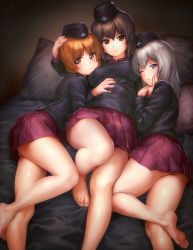 Rule 34 | 10s, 3girls, bare legs, barefoot, bed, beret, black hair, blue eyes, blush, breast pillow, breasts, brown eyes, brown hair, grabbing another&#039;s chin, feet, female focus, genso, girl sandwich, girls und panzer, group hug, hand on another&#039;s chin, hand on another&#039;s head, hat, highres, hug, incest, itsumi erika, knee up, kuromorimine military uniform, large breasts, legs, long hair, long legs, long sleeves, looking at viewer, lying, miniskirt, multiple girls, nishizumi maho, nishizumi miho, on back, on side, one eye closed, parted lips, pillow, pleated skirt, purple skirt, sandwiched, serious, short hair, siblings, silver hair, sisters, skirt, soles, thick thighs, thighs, toes, uniform, wince, yuri