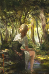 Rule 34 | 1girl, blonde hair, blurry, capelet, commentary, day, dress, elf, fantasy, faux traditional media, forest, from behind, hands on lap, highres, long hair, matsura ichirou, nature, original, pointy ears, resolution mismatch, scenery, signature, sitting, soaking feet, solo, source larger, sunlight, tree, water