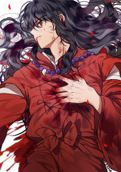 Rule 34 | 1boy, alternate form, black hair, blood, blood from mouth, blood on face, blood splatter, brown eyes, injury, inuyasha, inuyasha (character), inuyasha (human), male focus, necklace, on back, simple background, solo, sukja, white background