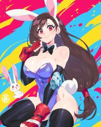 Rule 34 | 1girl, atomic marshmallow, bow, bowtie, breasts, brown hair, cleavage, earrings, final fantasy, final fantasy vii, final fantasy vii remake, gloves, grin, highres, jewelry, large breasts, legs, leotard, long hair, playboy bunny, rabbit, rabbit ears, rabbit tail, red eyes, shiny skin, smile, square enix, thighhighs, thighs, tifa lockhart, tomboy
