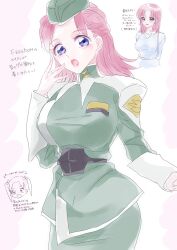 Rule 34 | 1girl, alternate hairstyle, blush, breasts, gundam, gundam seed, gundam seed freedom, hat, highres, large breasts, leafmoon 222, long hair, looking at viewer, medium breasts, meyrin hawke, military, military hat, military uniform, open mouth, purple eyes, red hair, skirt, solo, twintails, uniform