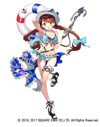 Rule 34 | 1girl, anchor, arm garter, bikini, black footwear, blue bikini, blue bow, blush, bow, braid, breasts, brown hair, dorothy, female focus, full body, gaou (umaiyo puyoman), grimms notes, hair bow, hat, hat bow, high heels, holding, legs, lifebuoy, long hair, looking at viewer, official art, parted lips, sandals, shoes, simple background, solo, standing, standing on one leg, striped bikini, striped clothes, swim ring, swimsuit, toenails, twin braids, watermark, white background, wizard of oz