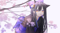 Rule 34 | 0 (znanimo), 1girl, absurdres, animal ears, arknights, black hair, black kimono, cherry blossoms, commentary, food, gradient eyes, highres, japanese clothes, kimono, long hair, looking at viewer, multicolored eyes, obi, pocky, purple eyes, sash, seigaiha, solo, symbol-only commentary, texas (arknights), tree, upper body, wolf ears, wolf girl, yellow eyes, yukata