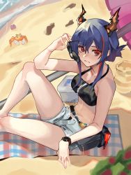 Rule 34 | 1girl, absurdres, animal, arknights, arm up, bare arms, bare shoulders, beach, beach umbrella, bikini, bikini under clothes, black bikini, blue hair, blush, breasts, ch&#039;en (arknights), ch&#039;en the holungday (arknights), closed mouth, collarbone, commentary, crab, dated, unworn eyewear, grey shorts, highres, holding, holding removed eyewear, horns, koffre3, looking at viewer, looking to the side, medium breasts, multicolored hair, navel, nose blush, red eyes, red hair, sand, sand sculpture, short shorts, shorts, solo, streaked hair, sunglasses, swimsuit, twitter username, umbrella, watch, wristwatch