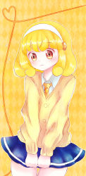 Rule 34 | 10s, 1girl, 8hachio, argyle, argyle background, argyle clothes, blonde hair, blue dress, brown eyes, dress, hairband, heart, heart of string, kise yayoi, necktie, precure, short hair, shy, skirt, smile precure!, solo, sweater, v arms, yellow background, yellow theme