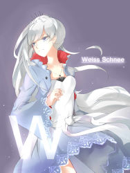 Rule 34 | 1girl, blue eyes, character name, dress, etude, highres, jewelry, long hair, necklace, ponytail, rwby, scar, solo, weiss schnee, white dress, white hair