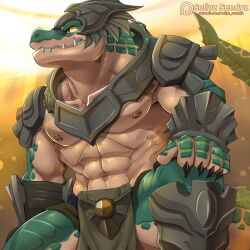 1boy abs artist_name bara black_eyes claws collarbone colored_sclera colored_skin cowboy_shot dark_skin furry furry_male green_skin league_of_legends lizard_tail muscular muscular_male navel renekton reptile_boy sharp_teeth shoulder_plates sitting sollyz tail teeth watermark web_address yellow_sclera