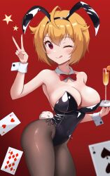 Rule 34 | 1girl, ;q, ahoge, animal ear hairband, animal ears, bare shoulders, black leotard, black pantyhose, blush, bow, bowtie, breasts, brown hair, card, champagne flute, cleavage, cup, detached collar, diamond (shape), drinking glass, fake animal ears, fake tail, heart, highres, holding, holding tray, ibuki tsubasa, idolmaster, idolmaster million live!, jyo (leleon), large breasts, leotard, looking at viewer, one eye closed, pantyhose, playboy bunny, playing card, rabbit ear hairband, rabbit ears, rabbit tail, red bow, red bowtie, short hair, smile, solo, spade (shape), star (symbol), strapless, strapless leotard, tail, tongue, tongue out, tray, v, wrist cuffs