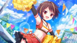 Rule 34 | 1girl, :d, arm up, armpits, bandou mikuru, black gloves, blonde hair, blue sky, breasts, brown hair, cheerleader, cloud, collarbone, contrapposto, crop top, day, dot nose, elbow gloves, film grain, from below, game cg, gloves, group name, izumi tsubasu, lens flare, looking at viewer, midriff, multicolored hair, navel, non-circular lens flare, non-web source, official art, open mouth, outdoors, pole, pom pom (cheerleading), re:stage!, red eyes, red skirt, rope, shimenawa, short hair, short ponytail, skirt, sky, small breasts, smile, solo, sparkle, star (symbol), streaked hair, string of flags, sunlight, tree, two-tone hair