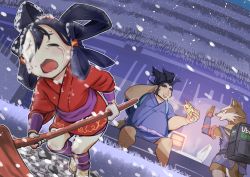 Rule 34 | 1girl, 2boys, closed eyes, crying, delivery, eating, food, furry, furry male, highres, japanese clothes, multiple boys, open mouth, pizza, sad, sakuna-hime, snow, snowing, tensui no sakuna-hime, whkastiwx6bilbl