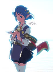 Rule 34 | bad id, bad pixiv id, belt, blue eyes, blue hair, hair ornament, hairclip, jewelry, moon, necklace, pendant, pointy ears, rena lanford, shiwasu takashi, short hair, solo, star ocean, star ocean the second story, thighhighs