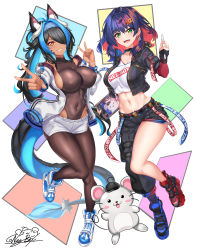 Rule 34 | 2girls, :d, absurdres, animal ear fluff, animal ears, antenna hair, artist name, artist self-insert, asymmetrical clothes, asymmetrical footwear, bare shoulders, belt, black belt, black choker, black footwear, black gloves, black hair, black jacket, black legwear, black leotard, black pants, blue footwear, blue hair, blue hairband, breasts, choker, collarbone, colored inner hair, commentary request, commission, covered collarbone, covered erect nipples, covered navel, crop top, curled horns, dog ears, double v, drawing tablet, earrings, full body, gloves, green eyes, grin, groin, hair between eyes, hair intakes, hair ornament, hair over one eye, hairband, highres, holding, holding drawing tablet, holding stylus, hood, hood down, hooded jacket, horns, huge filesize, jacket, jewelry, large breasts, large tail, layered sleeves, leotard, long hair, long sleeves, looking at viewer, medium hair, midriff, mismatched footwear, mole, mole under eye, mouse (animal), multicolored hair, multiple girls, navel, nez-box, off shoulder, open clothes, open jacket, open mouth, original, pants, pantyhose, partially fingerless gloves, pouch, purple legwear, red footwear, red hair, shirt, shoes, short shorts, short sleeves, shorts, side slit, side slit shorts, sidelocks, signature, single pantsleg, single sock, slit pupils, smile, sneakers, socks, standing, standing on one leg, stylus, tail, teeth, thigh pouch, twintails, two-tone hair, upper teeth only, v, very long hair, white background, white footwear, white jacket, white shirt, white shorts