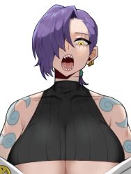 Rule 34 | 1girl, 2020, amy (raban2950), bad id, bad pixiv id, black shirt, breasts, earrings, hair over one eye, jewelry, looking down, off shoulder, open mouth, original, ponytail, purple hair, saru (monkey magic3), scar, scar across eye, scar on face, sharp teeth, shirt, shoulder tattoo, solo, sweater, tattoo, teeth, tongue, turtleneck, turtleneck sweater, underboob, upper body, white background, yellow eyes
