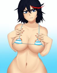 Rule 34 | 1girl, angry, animated, animated gif, bikini, black hair, blue eyes, bottomless, breasts, cleavage, collarbone, hand on own chest, highres, kill la kill, large breasts, looking at viewer, matoi ryuuko, multicolored hair, navel, nipples, nude, out-of-frame censoring, red hair, short hair, simple background, solo, standing, stomach, streaked hair, striped bikini, striped clothes, swimsuit, unionguy, wide hips