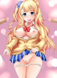 Rule 34 | 10s, 1girl, asymmetrical hair, bad id, bad nijie id, blonde hair, blue eyes, blush, breasts, breasts out, cardigan, censored, clothes lift, condom, condom in mouth, condom wrapper, disembodied penis, earrings, female pubic hair, galko, hair bun, highres, jewelry, large breasts, long hair, looking at viewer, mouth hold, multiple penises, nipples, one side up, open cardigan, open clothes, open shirt, oshiete! galko-chan, panties, panty pull, penis, pubic hair, pussy, school uniform, scrunchie, shirt, side bun, single side bun, skirt, skirt lift, smile, solo focus, underwear, yoshimo