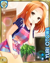 Rule 34 | 1girl, apron, bare legs, barefoot, blue dress, brown eyes, card (medium), character name, closed mouth, collarbone, covered mouth, day, dress, giggling, girlfriend (kari), indoors, long hair, looking at viewer, official art, orange hair, otowa yuri, qp:flapper, smile, solo, straight hair