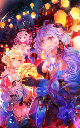 Rule 34 | 3girls, absurdres, ahoge, artist name, back, backless outfit, black gloves, blonde hair, blue hair, blush, bow, breasts, chinese knot, city, detached sleeves, dress, flower, flower knot, from behind, ganyu (genshin impact), genshin impact, gloves, gold trim, hair flower, hair ornament, halo, highres, horns, lantern, long hair, looking at viewer, low ponytail, lumine (genshin impact), medium breasts, multiple girls, night, paimon (genshin impact), purple eyes, red rope, rioka (southern blue sky), rope, short hair with long locks, sideboob, sidelocks, smile, tassel, thighhighs, thighs, twitter username, very long hair, vision (genshin impact), white dress, white flower, white hair, white legwear, white sleeves, yellow eyes