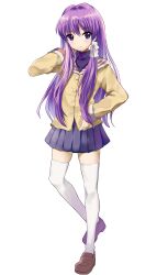 Rule 34 | 1girl, absurdres, alternate eye color, blue eyes, blue skirt, blush, brown footwear, clannad, commentary, eyes visible through hair, fujibayashi kyou, full body, hair between eyes, hair intakes, hair ribbon, hand in own hair, hand on own hip, hand up, highres, hikarizaka private high school uniform, kankitsu o, loafers, long hair, looking at viewer, miniskirt, parted lips, pleated skirt, purple hair, ribbon, school uniform, shoes, sidelocks, simple background, skirt, solo, standing, straight hair, thighhighs, tress ribbon, turtleneck, very long hair, white background, white ribbon, white thighhighs, zettai ryouiki