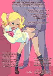 Rule 34 | 2boys, absurdres, anal, bent over, black socks, blonde hair, blue eyes, blush, bottomless, chastity cage, clothed sex, crossdressing, english text, hair ornament, hair scrunchie, hard-translated, highres, kneehighs, long sleeves, multiple boys, open mouth, original, pants, penis, pink scrunchie, precum, ryokutya, scrunchie, sex, sex from behind, shiny skin, shirt, shoes, socks, standing, standing sex, tan, tanline, third-party edit, translated, trap, twintails, uncensored