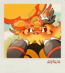 Rule 34 | &gt; &lt;, :d, breath weapon, breathing fire, closed eyes, creatures (company), dated, emboar, fangs, fire, game freak, gen 5 pokemon, hands up, highres, multicolored background, nintendo, open mouth, outdoors, pokemon, pokemon (creature), shiny skin, smile, star (symbol), starry background, teeth, teletelo, tusks