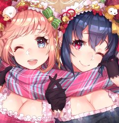 Rule 34 | 2girls, :d, argyle, bell, blonde hair, blue dress, blue eyes, blue hair, blush, breasts, brown gloves, cleavage, closed mouth, dress, fingerless gloves, flower, gloves, hairband, half gloves, hand up, highres, jingle bell, large breasts, looking at viewer, mika pikazo, multiple girls, one eye closed, open mouth, original, own hands together, pink dress, pink eyes, red flower, round teeth, smile, teeth, upper teeth only