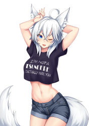 Rule 34 | 1girl, ;d, absurdres, ahoge, animal ear fluff, animal ears, arm behind head, arms up, black shirt, black shorts, blue eyes, breasts, clothes writing, commission, cowboy shot, crop top, crop top overhang, crossed bangs, denim, denim shorts, fox ears, fox girl, fox tail, hair between eyes, highres, looking at viewer, medium breasts, midriff, navel, one eye closed, open mouth, original, rifqiaji, shirt, short hair, short shorts, short sleeves, shorts, simple background, smile, solo, standing, stomach, tail, v-shaped eyebrows, white background, white hair