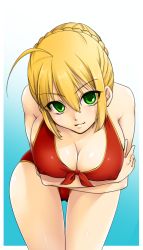 Rule 34 | 10s, 1girl, ahoge, bare shoulders, bikini, blonde hair, braid, breast hold, breasts, cleavage, covered erect nipples, fate/extra, fate (series), french braid, front-tie top, green eyes, hair bun, large breasts, leaning forward, nero claudius (fate), nero claudius (fate) (all), nero claudius (fate/extra), oinu (free tippai), red bikini, seductive smile, sideboob, single hair bun, smile, solo, swimsuit, thigh gap