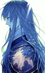 Rule 34 | 1boy, blue hair, cape, closed mouth, commentary, dated, dias flac, edamo, highres, long hair, male focus, red eyes, signature, simple background, solo, star ocean, star ocean the second story, white background